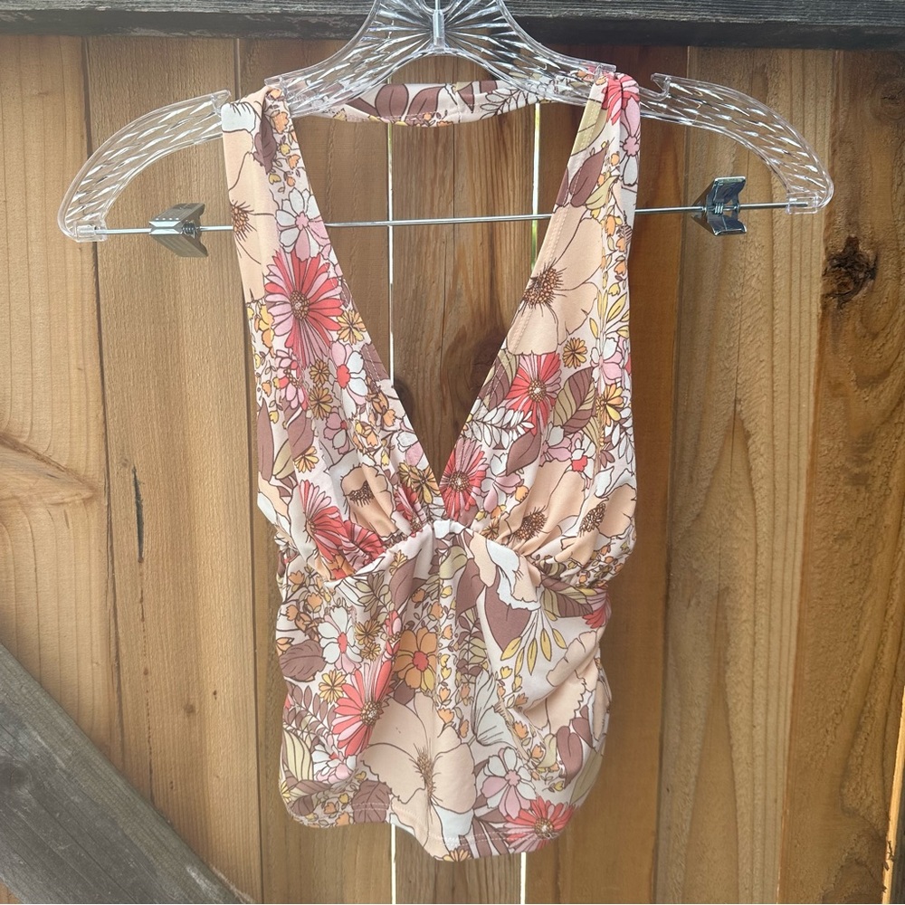 Y2K Retro Floral Plunge Neck Halter Tank Top Size Medium Pink